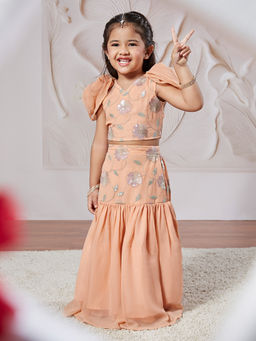 Vastramay - Peach Georgette Floral Embroidered Top with Lehenga (Set of 2)