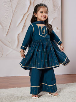 Vastramay - Turquoise Full Sleeves Anarkali Kurta with Palazzo & Dupatta (Set of 3)