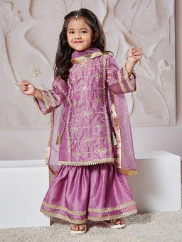 Vastramay - Purple Embroidered Sequinned Kurta with Sharara & Dupatta (Set of 3)