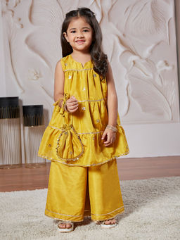 Vastramay - Yellow Floral Embroidered Kurta with Palazzo & Potli Bag (Set of 3)