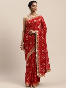 Vastranand - Maroon & Gold-Toned Printed Bandhani Saree with Unstitched Blouse