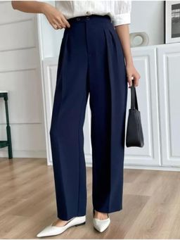 BROADSTAR - Womens Navy Blue Straight Fit Tailored Korean Pant