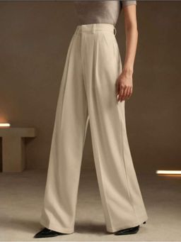 BROADSTAR - Womens Beige Wide Fit Pleated Korean Trouser