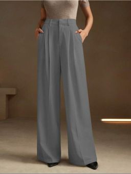 BROADSTAR - Womens Light Grey Wide Fit Pleated Korean Trouser