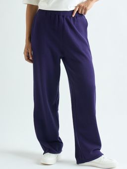 Femmella - Womens Deep Purple Knitted Straight Fit Pant