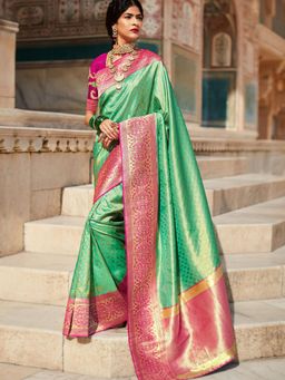 Odette - Green Silk Blend Saree with Unstitched Blouse