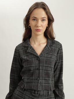ELLE - Womens Black Checks Lapel Collar Fitted Fit Blazer