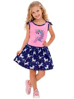 TotzTouch - Girls Navy Blue-Pink Unicorn Printed Stylish Dress