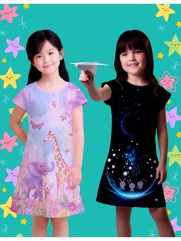 Nusyl - Girl Black and Lavender Graphic Printed Dresses (Pack Of 2)
