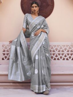 Akhilam - Womens Linen Blend Grey Woven Designer Saree with Unstitched Blouse