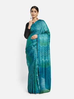 Fabindia - Turquoise Silk Block Printed Saree without Blouse