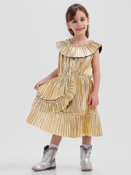 Kate & Oscar - Girls Frill Dress with Pleated Gold Foil Print Fabric