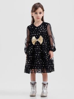 Kate & Oscar - Girls Dress with Self Embroidery and Gold Foil Print with Golden Bow