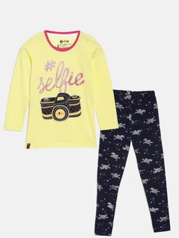 3PIN - Girls Yellow Printed T-Shirt with Pant