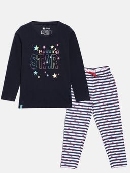 3PIN - Girls Navy Blue Printed T-Shirt with Pant