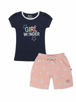 3PIN - Girls Navy Blue Printed T-Shirt with Shorts
