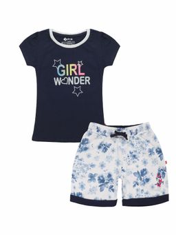 3PIN - Girls Navy Blue Printed T-Shirt with Shorts