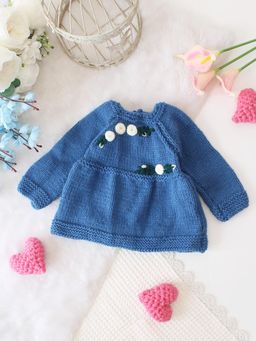 Woonie - Girls Blue Solid Knee Length Dress