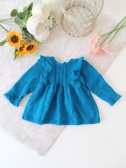 Woonie - Girls Blue Solid Knee Length Dress