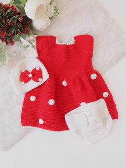 Woonie - Girls Red Solid Knee Length Dress with Cap and Bloomer