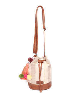 Astrid - Beige Jacquard Sling Bag with Drawstring Closure