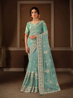Odette - Green Net Designer Saree with Unstitched Blouse