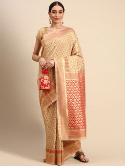 Sangam Prints - Cream Cotton Handloom Woven Work Traditional Saree with Unstitched Blouse