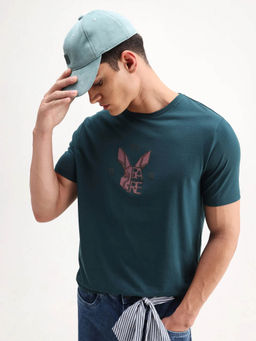 Rare Rabbit - Men Teal Cotton Blend T-Shirt
