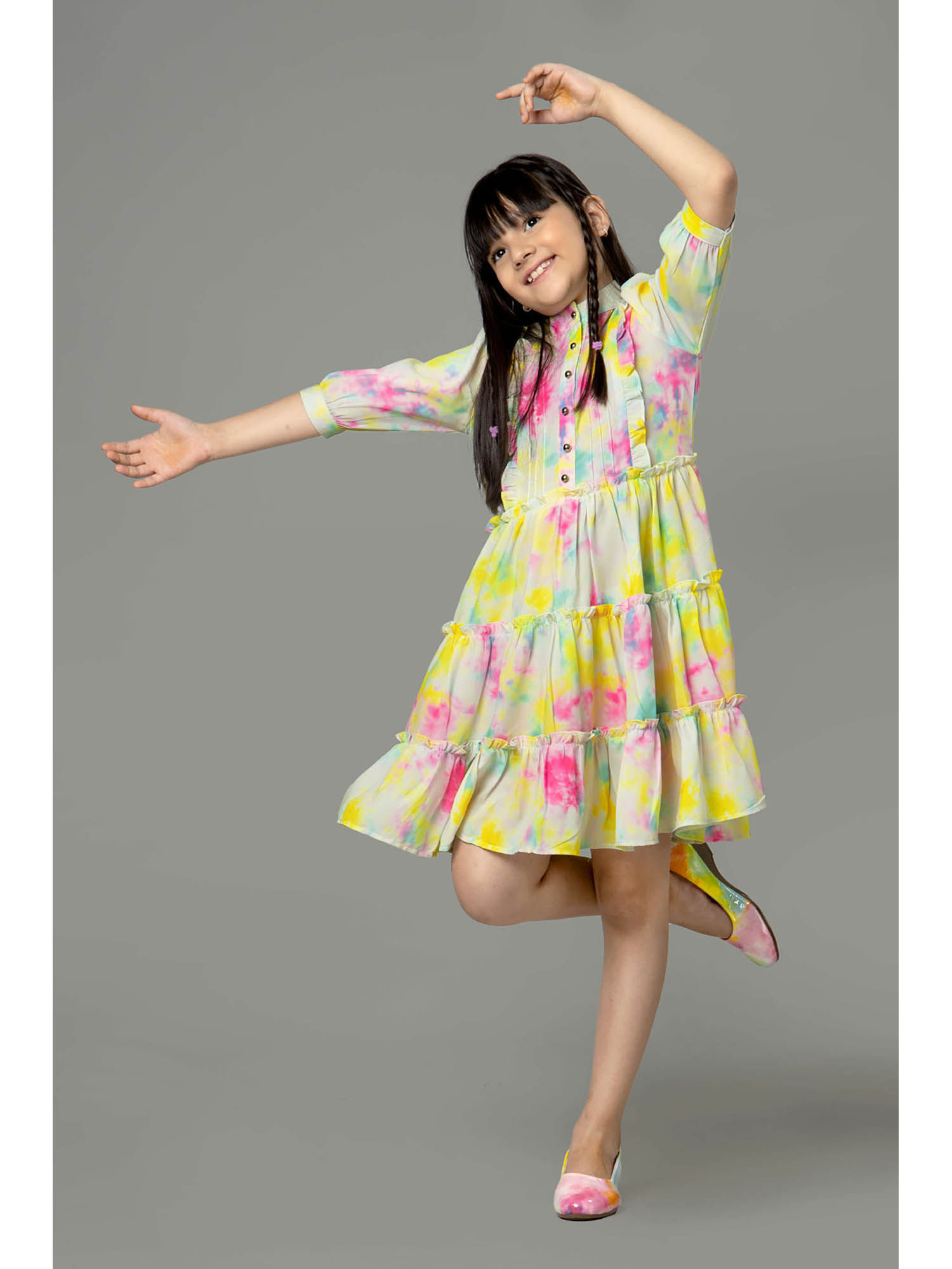 Buy NEOFAA Tie & Dye Puff Sleeve Ruffle Shirt Dress for Girls Online