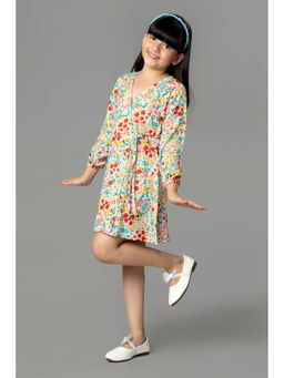 NEOFAA - Floral Tie Wrap V Neck Mini Dress for Girls