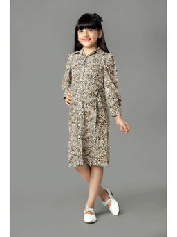 NEOFAA - Leopard Print Wrap Collar Neck Dress with Belt for Girls (Set of 2)