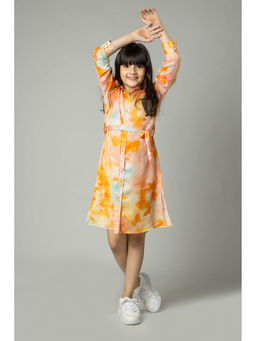 NEOFAA - Tie & Dye Wrap Collar Neck Dress with Belt for Girls (Set of 2)