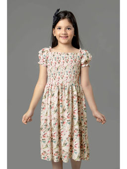 NEOFAA - Puff Sleeve Floral Smocked Midi Dress for Girls