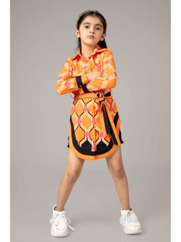 NEOFAA - Orange Curved Hem Shirt Dress with Belt for Girls (Set of 2)