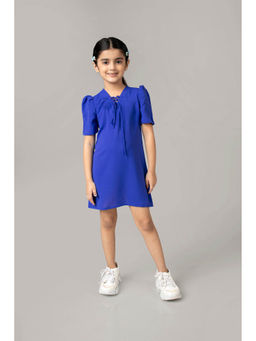 NEOFAA - Royal Blue String Neckline Puff Sleeve Mini Dress for Girls