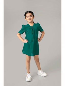 NEOFAA - Pine Green String Neckline Puff Sleeve Mini Dress for Girls