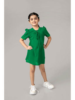 NEOFAA - Green String Neckline Puff Sleeve Mini Dress for Girls
