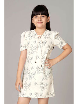 NEOFAA - White Printed String Neckline Mini Dress for Girls