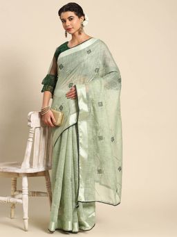 Odette - Green Cotton Embroidered Saree with Unstitched Blouse