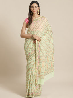 Indethnic - Banarasi Green Woven Design Work Wear Saree With Unstitched Blouse