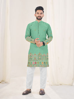 Pink Ethnic - Sea Green Silk Embroidered Men Kurta