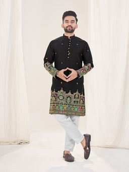 Pink Ethnic - Black Silk Embroidered Men Kurta