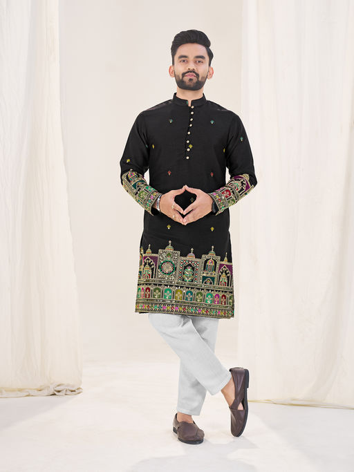 Pink Ethnic Black Silk Embroidered Men Kurta