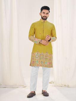 Pink Ethnic - Lime Green Silk Embroidered Men Kurta