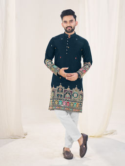 Pink Ethnic - Navy Blue Silk Embroidered Men Kurta
