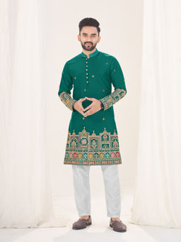 Pink Ethnic - Turquoise Silk Embroidered Men Kurta