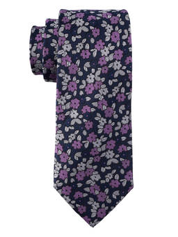The Tie Hub - Navy Blue with Pink Floral Silk Tie