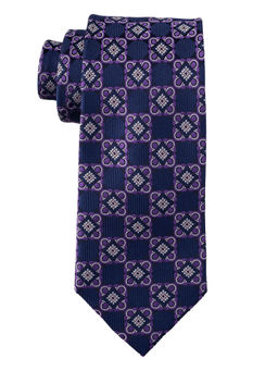 The Tie Hub - Navy Blue with Purple Geometric Print Silk Tie