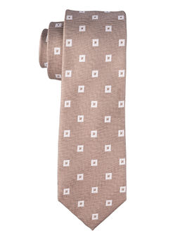 The Tie Hub - Light Brown with White Square Geometric Print Silk Tie