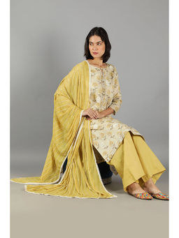 Barara Ethnic - Off White and Mustard Floral Straight Palazzo (Set of 3)
